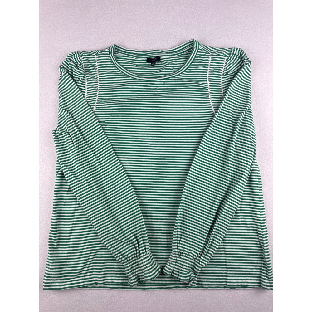 Talbots Green White Striped Puff Sleeve Cotton Top Smocked Cuff Lace Trim Large